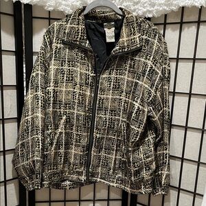 OUT BROOK VINTAGE, Black and Cream ANIMAL Print SILK TRACK JACKET SIZE L